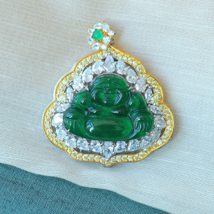 翡翠挂坠 正品 精工 天然A货翡翠危料帝王绿弥勒佛纯银镶嵌吊坠女款