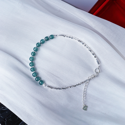 危料蓝水圆珠搭配925银碎银手链