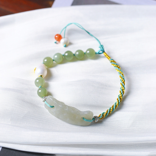 福利 天然和田玉圆珠搭配手排手工编织款手绳手链  女款玉石手串