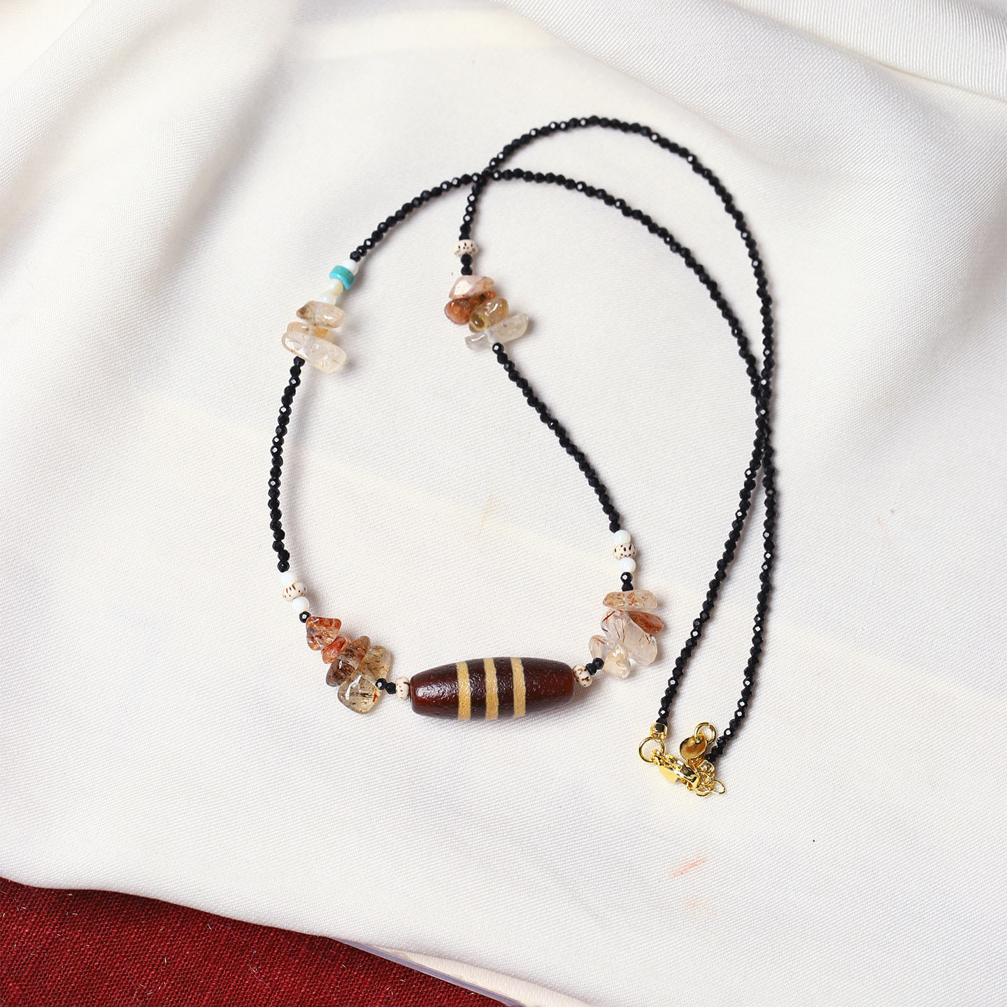 天然老玛瑙天珠搭配黑尖晶切面珠链原创款项链锁骨链女款水晶饰品