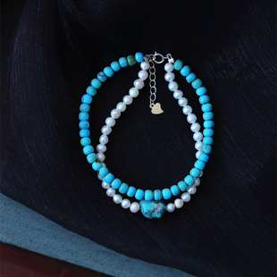 高瓷 原矿绿松石有补胶搭配珍珠款手链 女款绿松石手串饰品礼物