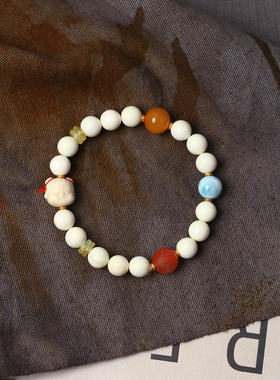 天然猛犸象牙圆珠搭配水晶珠配件原创手链 女猛犸手串设计款饰品