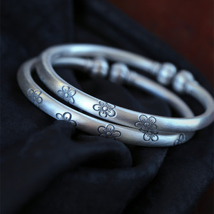 工厂一手货源爆款999足银复古梅花南瓜头款手镯女款银镯子礼物