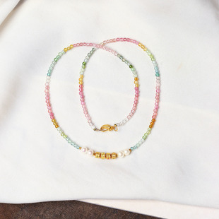 天然糖果色碧玺链搭配珍珠银饰配件原创款项链锁骨链女款水晶饰品