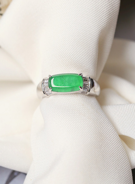 天然A货翡翠危料帝王绿蛋面镀银镶嵌马鞍款戒指 女款翡翠指环饰品