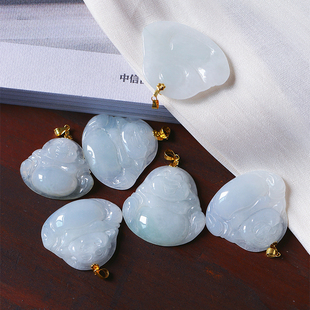 天然缅甸料A货翡翠雕刻弥勒佛18K金扣头镶嵌款吊坠 女款翡翠挂坠