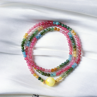 天然糖果碧玺多圈手链女三圈搭配蜜蜡珠子女款原创款水晶手串饰品
