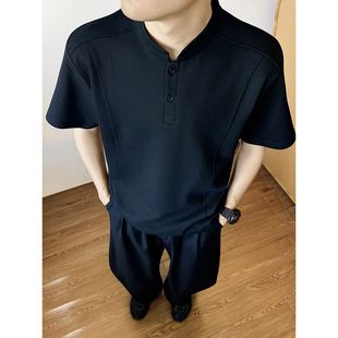 宽松亨利领垫肩纯色上衣Polo衫 韩版 夏季 复古黑色正肩短袖 T恤男款