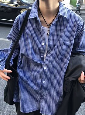 新款高街蓝色格子衬衫男款长袖春夏季高级感慵懒风格纹衬衣上衣bf