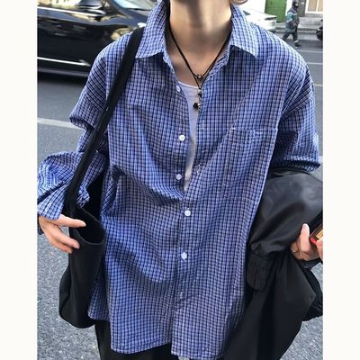 新款高街蓝色格子衬衫男款长袖