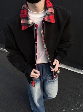 美式复古潮牌假两件翻领刺绣红色撞色拼接格子纹夹克男女拉链外套