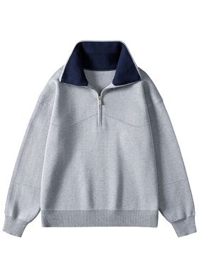 美式撞色半拉链翻领针织衫男士宽松休闲毛衣冬季保暖灰色套头上衣