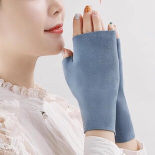 德绒半指手套女士春秋冬季保暖防寒儿童骑车自行车骑行手套男露指