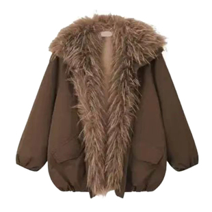 赵露思同款 衣服 棕色毛毛派克服大衣貉子毛拼接飞行员夹克外套冬季