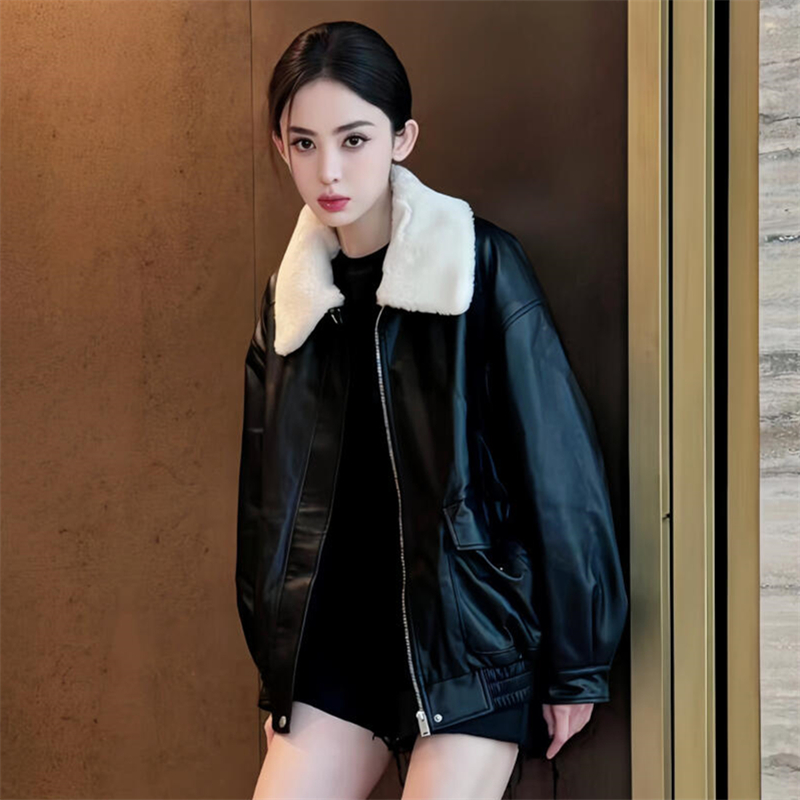 古力娜扎同款黑色Pu皮衣夹克外套毛领拼接机车服上衣2024秋季衣服