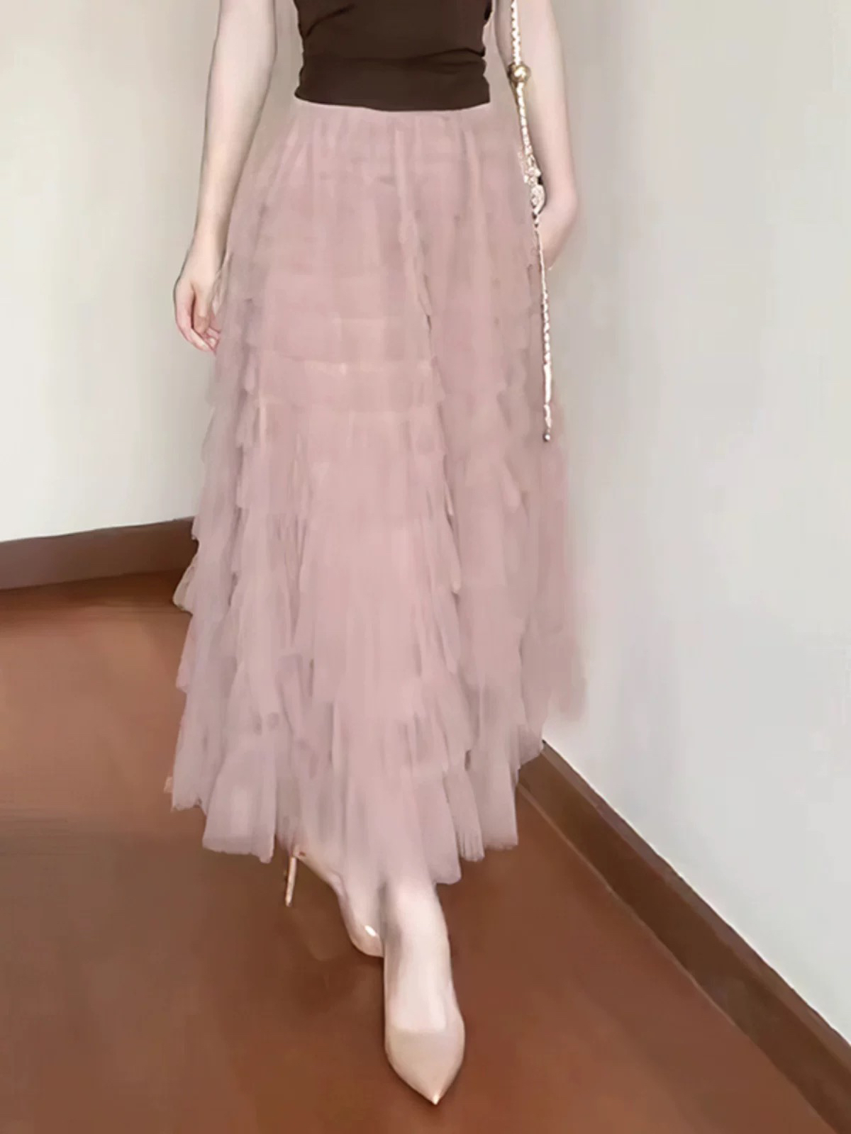 粉丝网纱层层蛋糕半身裙女秋冬高腰中长款显瘦遮胯a字大摆长裙子