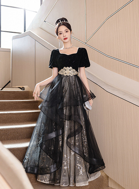 黑色大码晚礼服女2025新款宴会气质高级感轻奢小众主持人连衣裙