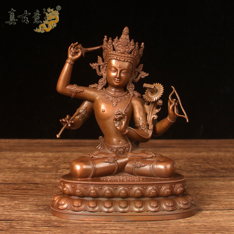 真古意  紫铜四臂文殊菩萨佛像摆件  铜文殊菩萨像家居工艺品摆件