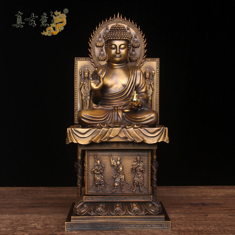 真古意 铜药师佛佛像摆件 带日月光菩萨和12夜叉神将可转动工艺品