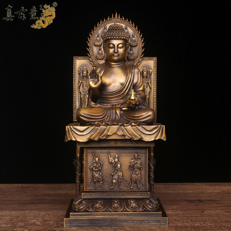 真古意  铜药师佛佛像摆件带日月光菩萨和12夜叉神将可转动工艺品