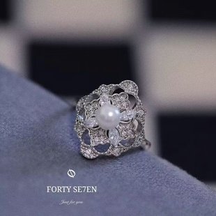 古董风戒指西洋回流vintage银色大气天然珍珠戒指女个性 RENEE