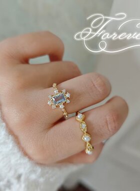じゅんあい純愛。清澈蓝宝石海蓝宝开口戒指女可调节珍珠指环唯美