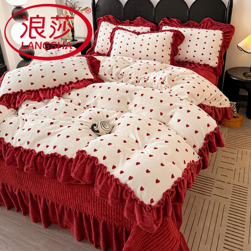 浪莎公主风加绒牛奶绒四件套床盖款冬季加厚珊瑚绒带花边被套床裙