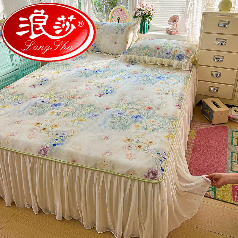 浪莎冰丝凉席床裙款三四件套蕾丝花边夏季防滑凉感床罩空调软席子