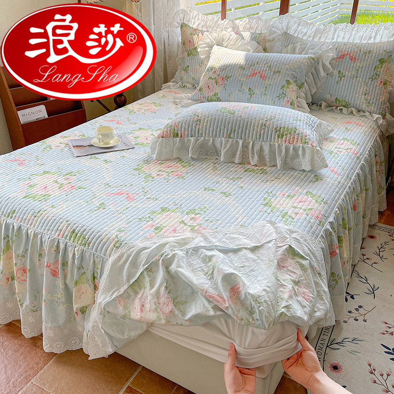 浪莎全棉夹棉床裙带床笠二合一纯棉被套床罩四季通用四件套公主风