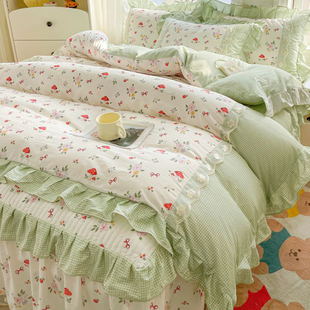 2024新款全棉床笠式床裙四件套韩版花边二合一带裙边床罩田园床单