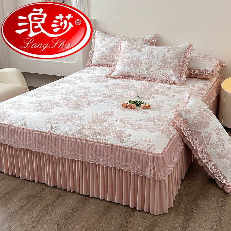 浪莎公主风冰豆豆凉席床裙三件套凉感蕾丝花边冰丝席可机洗空调席