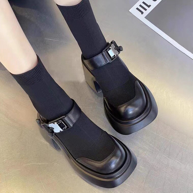 WOMENS SHOES ON  : STRETCH BOOTS SOCK BOOTS BLOCK HEEL THICK SOLE HEIGHTENED SKINNY BOOTS GENUINE LEATHER MARY JANE SKINNY BOOTS TIDE