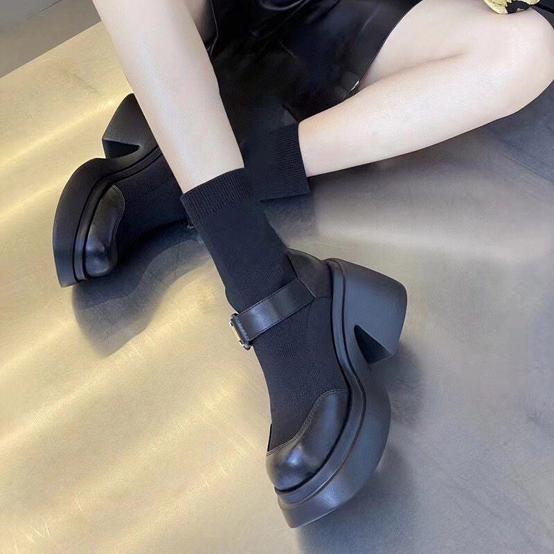 WOMENS SHOES ON  : STRETCH BOOTS SOCK BOOTS BLOCK HEEL THICK SOLE HEIGHTENED SKINNY BOOTS GENUINE LEATHER MARY JANE SKINNY BOOTS TIDE