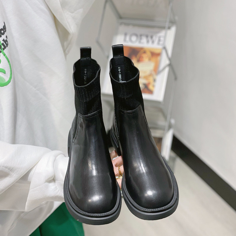 SPECIAL PRICE WOMENS SHOES ELASTIC BOOTS BOOTIES ROUND TOE THICK SOLES GENUINE LEATHER FASHIONABLE AND VERSATILE BRITISH STYLE SOLID COLOR SLEEVE BOOTS COMMUTING