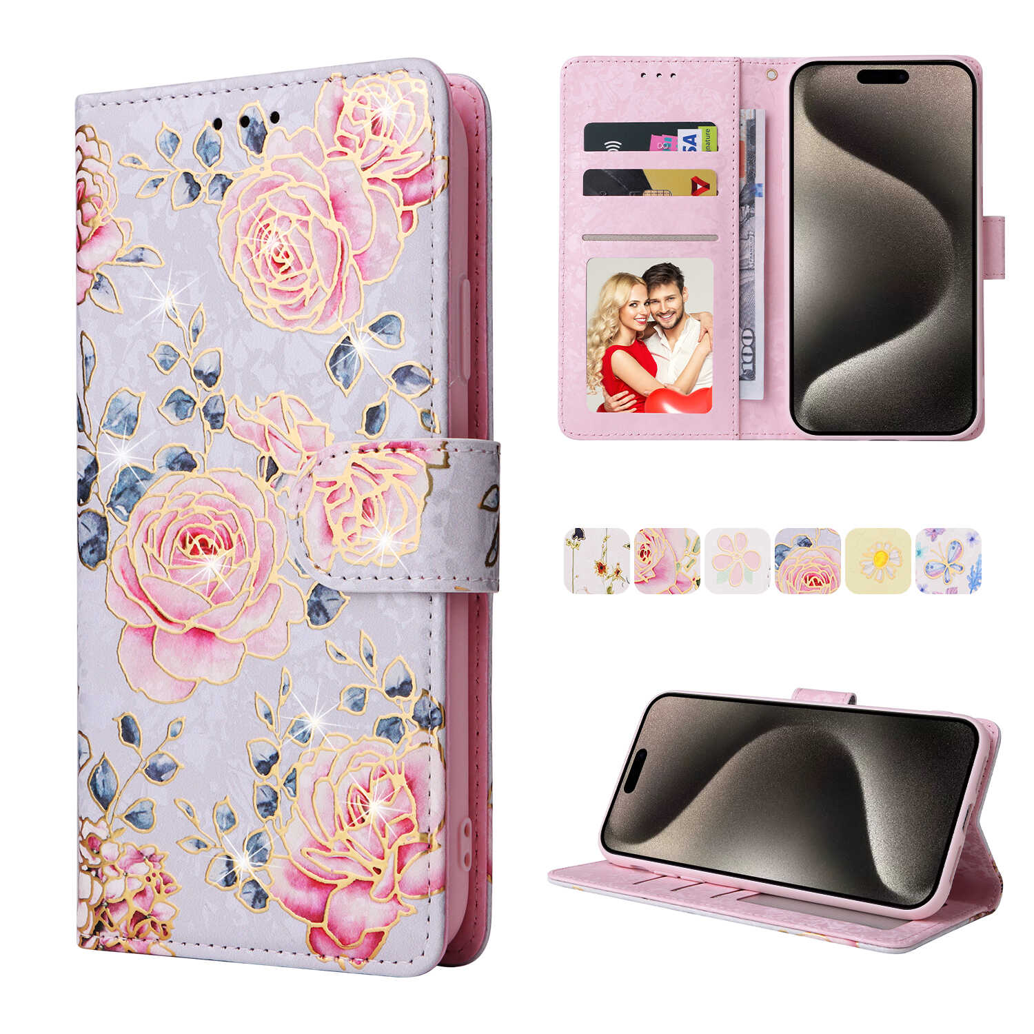 适用于iPhone11/12/13/14/15/Pro/Max手机套 保护壳 烫金蔷薇 带挂绳