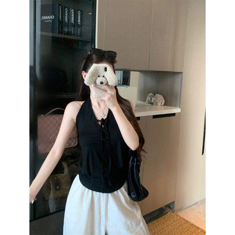夏季辣妹风挂脖设计露肩露背内搭打底衫上衣纯色修身绑带女吊带衫