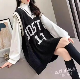 针织马甲女秋冬外穿新款中长款无袖外搭字母V领毛衣背心外套