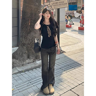 夏装 美式 T恤小衫 甜美简约修身 气质温柔风斜肩豹纹绑带女上衣 短袖
