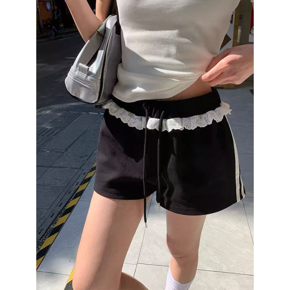 美式辣妹风蕾丝拼接两条杠短裤2026夏季修身小个子三分休闲运动裤
