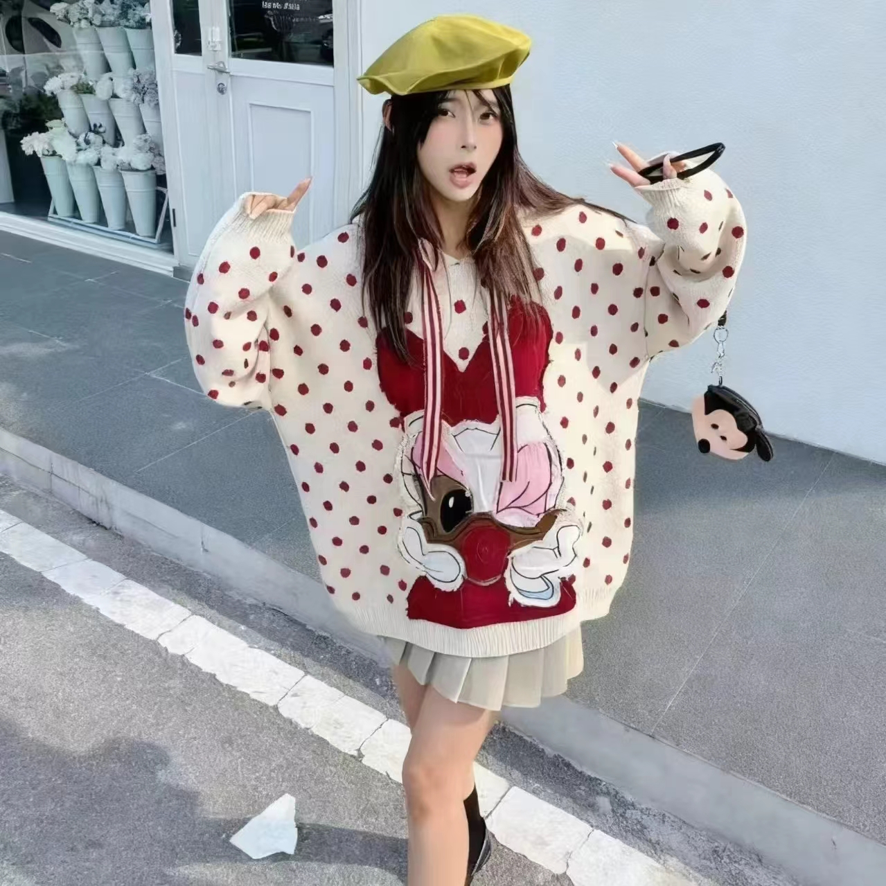 温柔风波点甜美宽松针织衫上衣女高级感卡通图案软糯连帽宽松毛衣