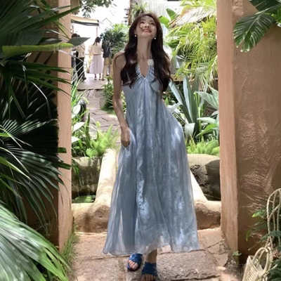 夏季海边度假沙滩气质仙女吊带长裙宝石蓝性感露背露肩挂脖连衣裙