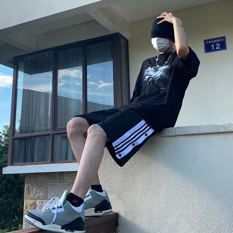 HELIPORT停机坪排扣短裤男女夏季黑白条纹五分裤宽松百搭休闲裤子,男装,短裤,淘宝优惠券,粉丝福利购,淘宝优惠卷