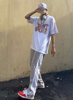 HELIPORT停机坪灰色条纹排扣长裤子休闲潮牌直筒宽松高街嘻哈男女