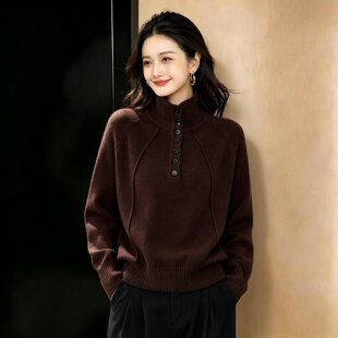 复古风宽松显瘦遮肉大码针织衫女款秋冬季显瘦百搭POLO领套头毛衣
