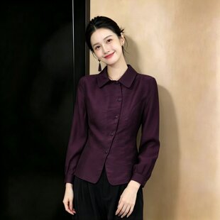 洋气时髦复古风紫色长袖大码衬衫女款职业装收腰显瘦开衫通勤上衣