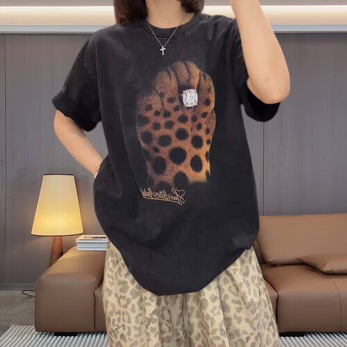 大码宽松复古印花短袖T恤女夏