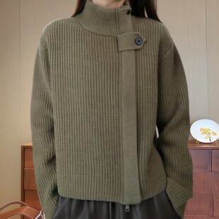 韩版简约时尚休闲风拉链针织开衫女款秋季宽松型保暖高领大码上衣