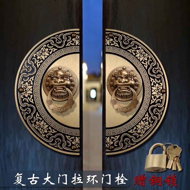 仿古中式狮子头拉手大门栓锁扣插销铜配件明装门锁黄铜兽头大门环
