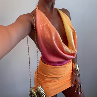 skirt 欧美深V露背亮片碎花吊带背心短裙套装 and top set 女Tank