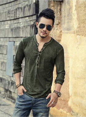 速卖通新款做旧小V领开襟男装休闲长袖亨利衫爆款T恤shirt men。